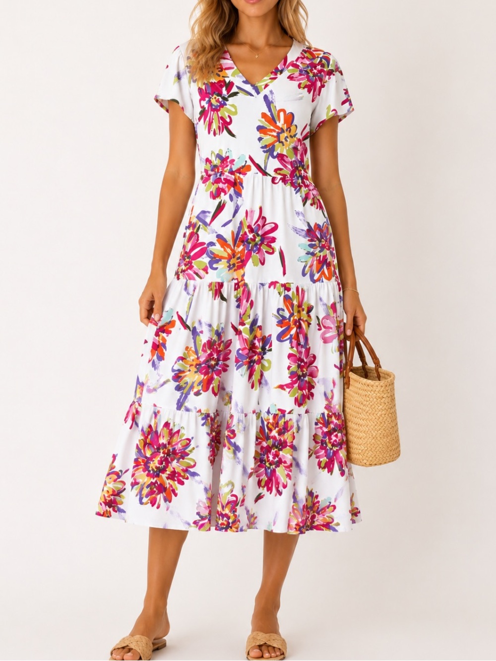 Judy Connally Medium Floral Midi Libby Dress Tiered Artsy Beach Resortwear Boho